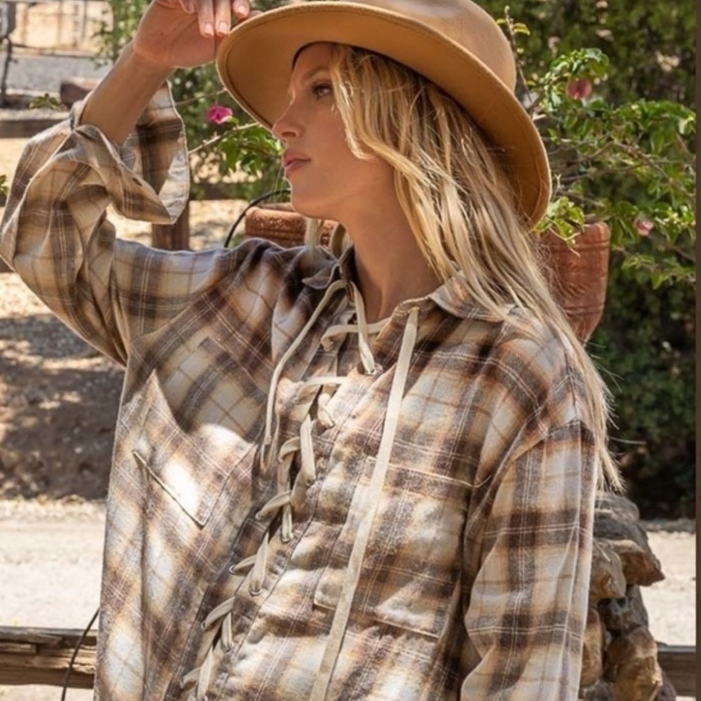 973. POL Plaid Lace-Up Shirt Tunic, western boho festival - Picture 9 of 9